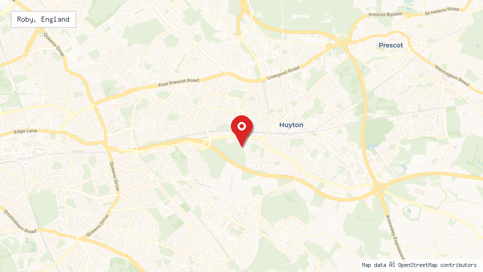 Street map of Roby, England with location pin