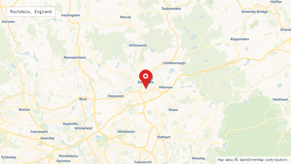Street map of Rochdale, England with location pin