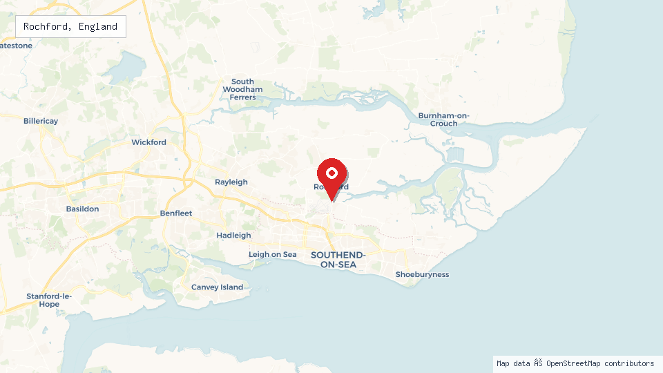Street map of Rochford, England with location pin