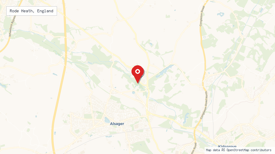 Street map of Rode Heath, England with location pin
