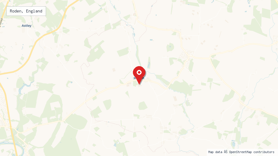 Street map of Roden, England with location pin