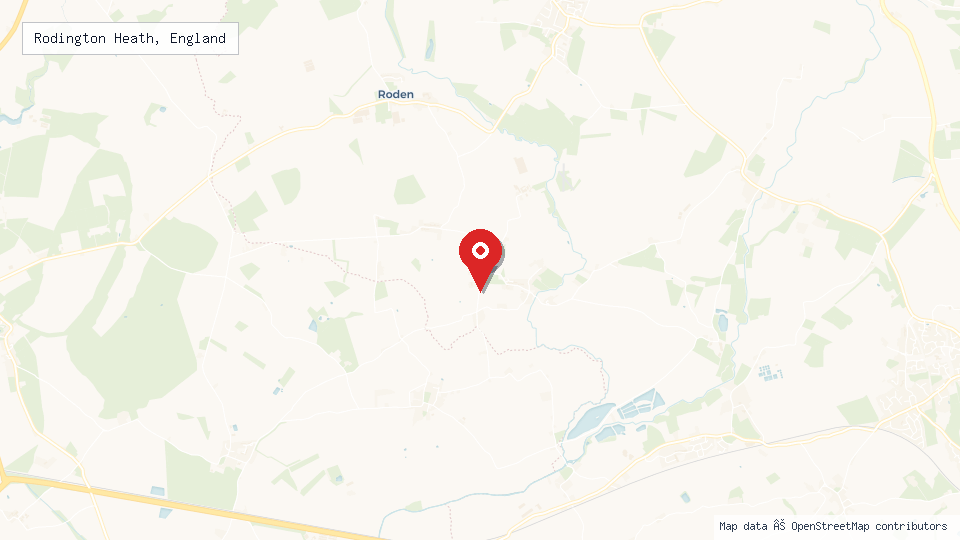 Street map of Rodington Heath, England with location pin