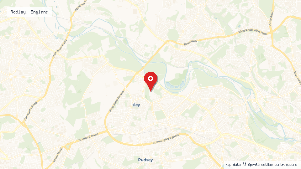 Street map of Rodley, England with location pin