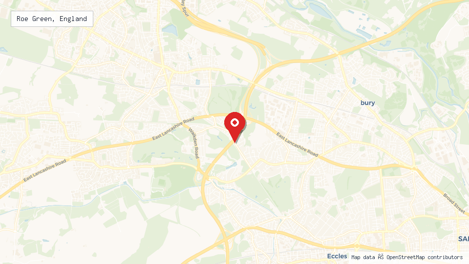 Street map of Roe Green, England with location pin