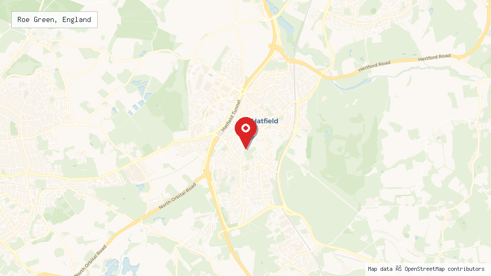 Street map of Roe Green, England with location pin