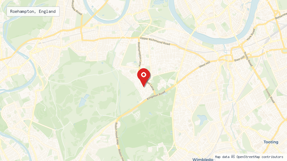Street map of Roehampton, England with location pin