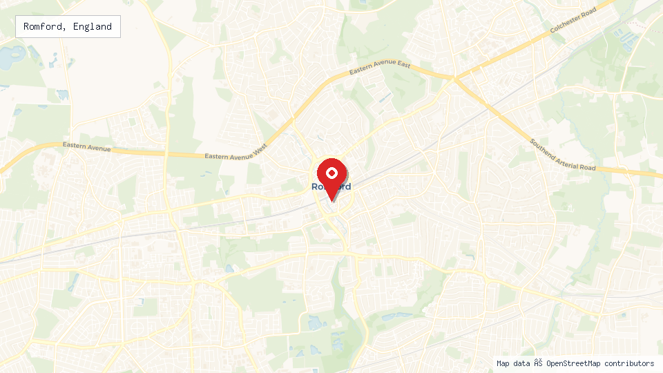 Street map of Romford, England with location pin