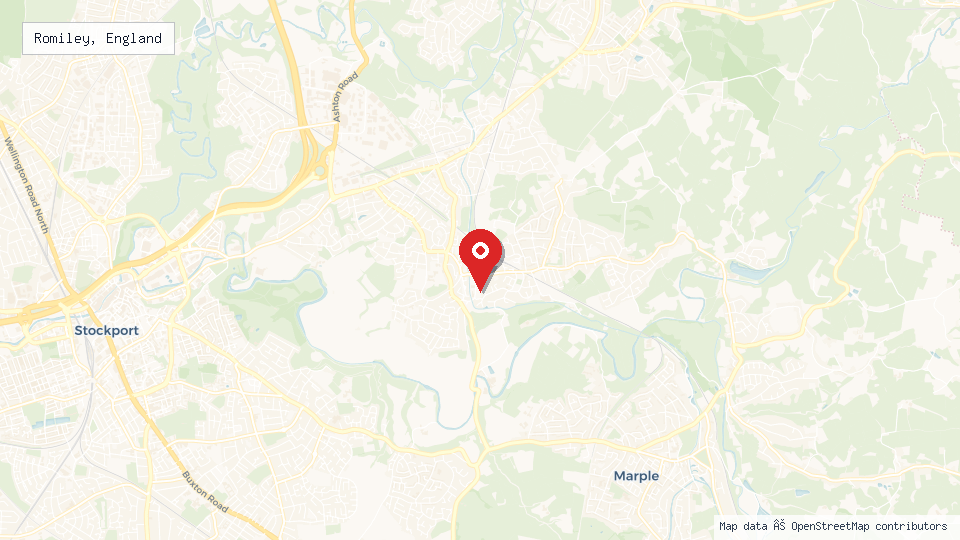 Street map of Romiley, England with location pin