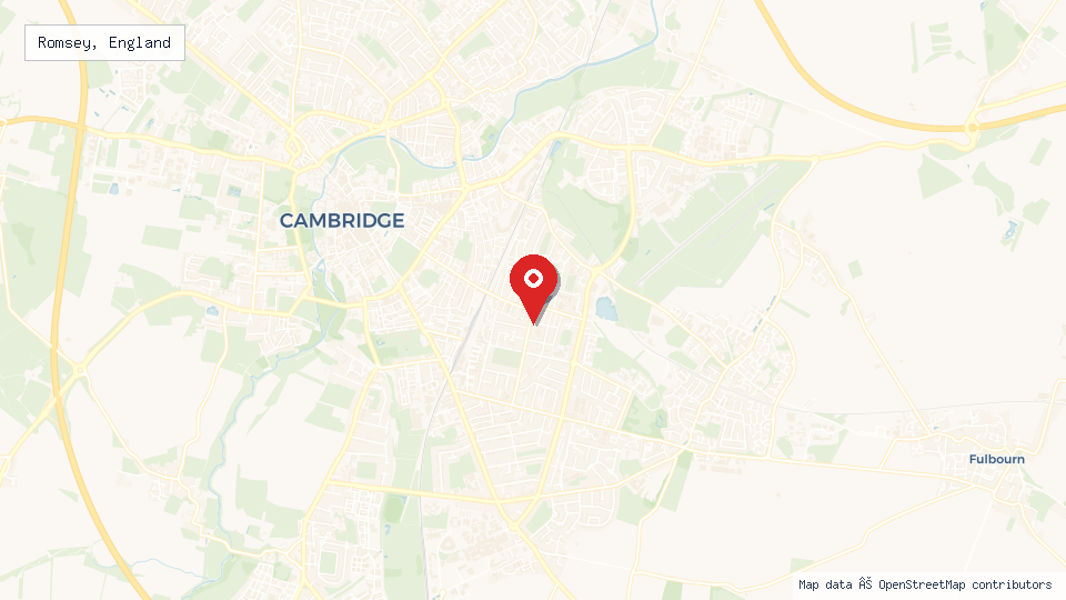 Street map of Romsey, England with location pin
