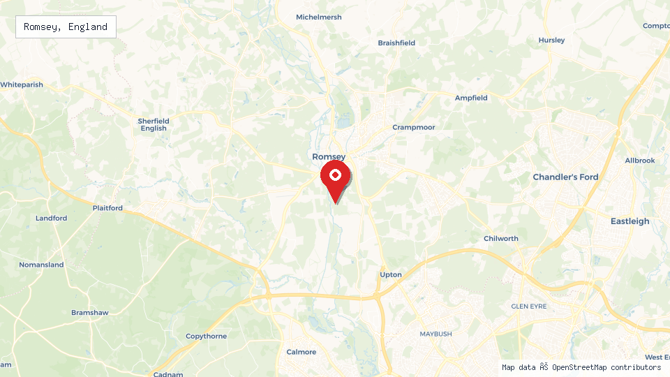 Street map of Romsey, England with location pin