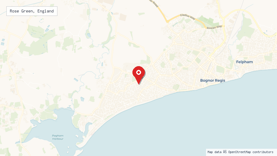 Street map of Rose Green, England with location pin
