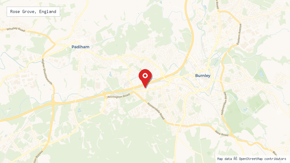 Street map of Rose Grove, England with location pin