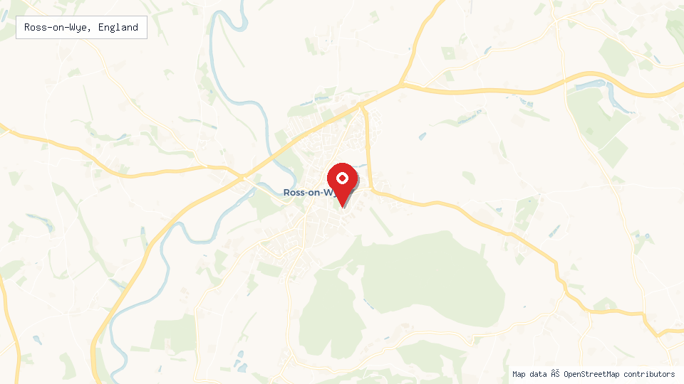 Street map of Ross-on-Wye, England with location pin