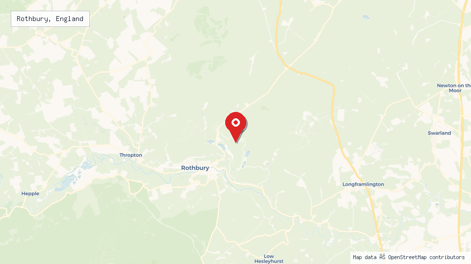 Street map of Rothbury, England with location pin