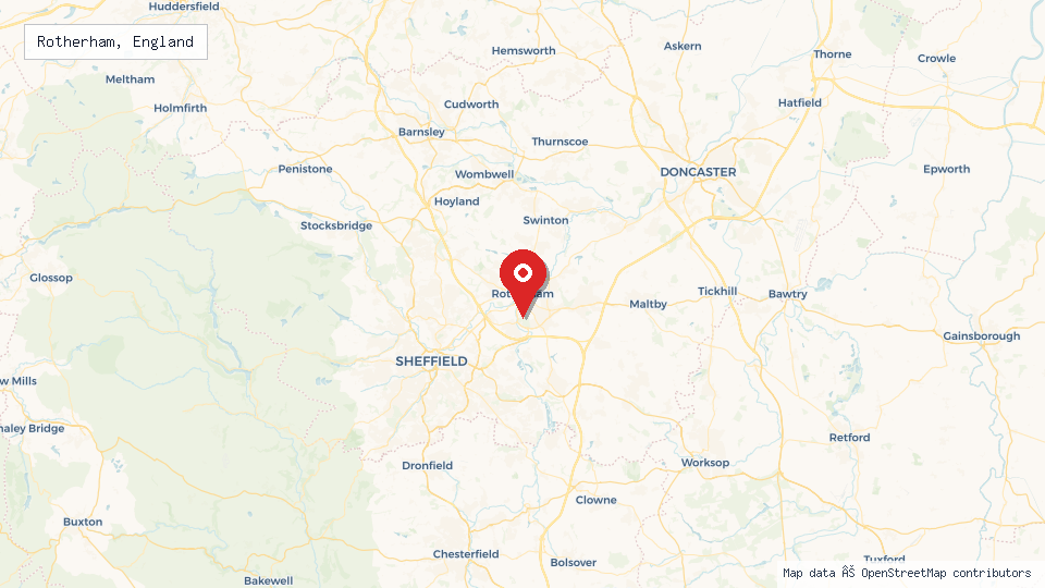 Street map of Rotherham, England with location pin
