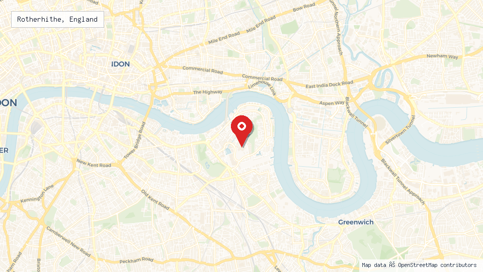 Street map of Rotherhithe, England with location pin