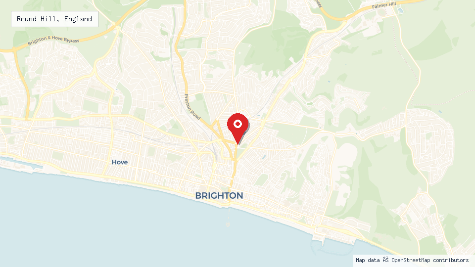 Street map of Round Hill, England with location pin