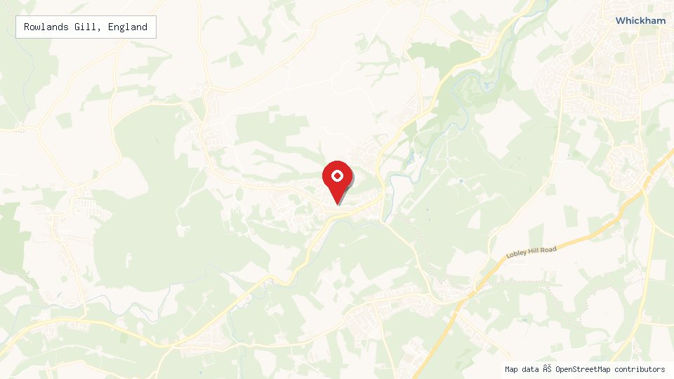 Street map of Rowlands Gill, England with location pin