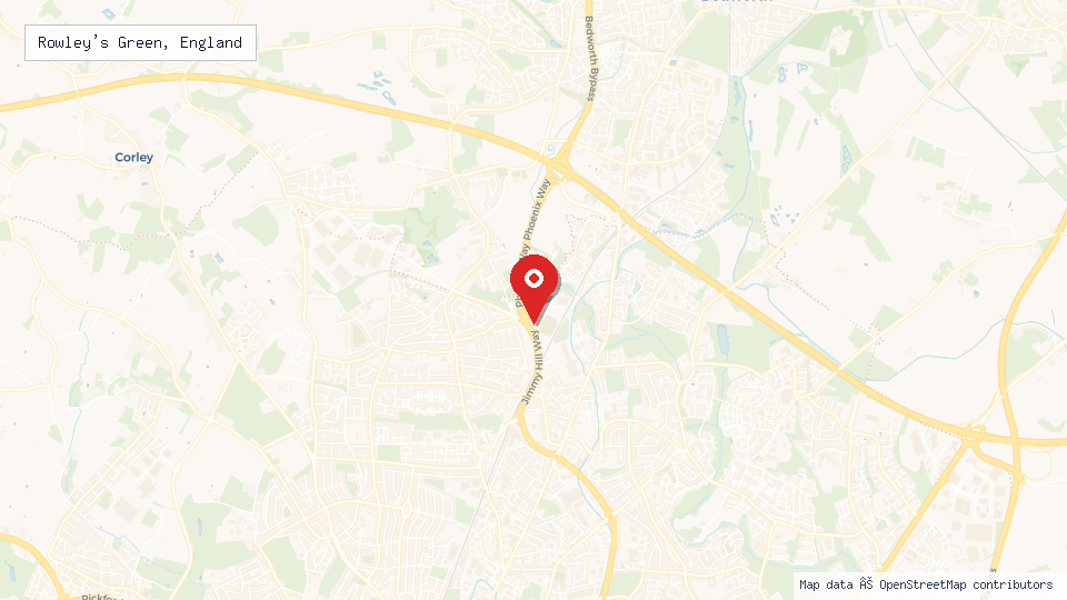 Street map of Rowley's Green, England with location pin