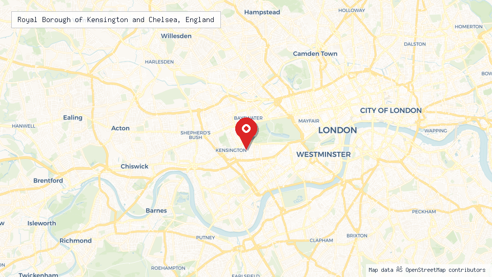 Street map of Royal Borough of Kensington and Chelsea, England with location pin