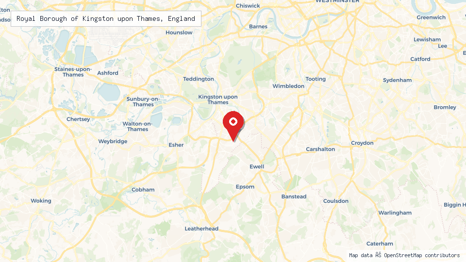 Street map of Royal Borough of Kingston upon Thames, England with location pin