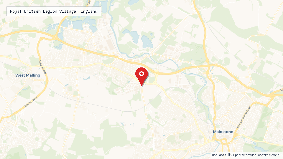 Street map of Royal British Legion Village, England with location pin