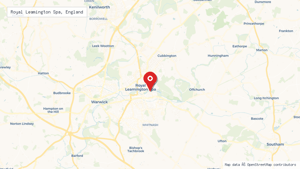 Street map of Royal Leamington Spa, England with location pin