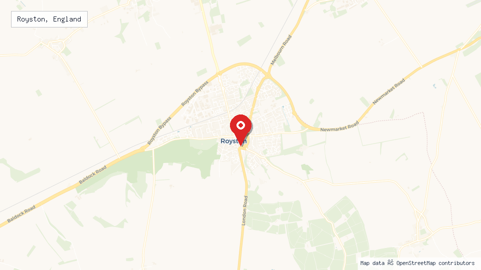 Street map of Royston, England with location pin