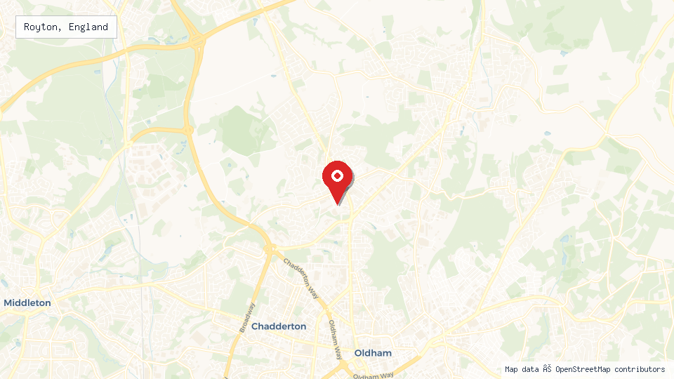 Street map of Royton, England with location pin