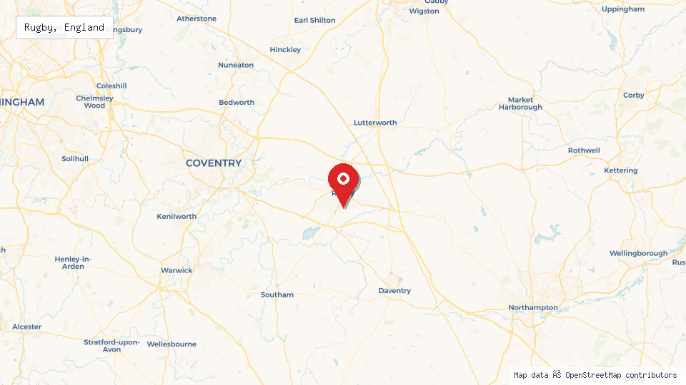 Street map of Rugby, England with location pin