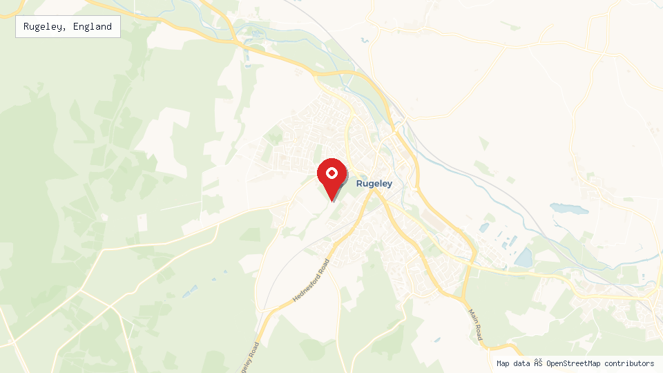 Street map of Rugeley, England with location pin