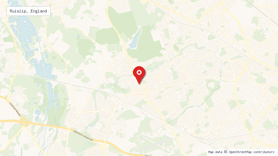 Street map of Ruislip, England with location pin