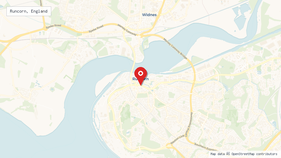 Street map of Runcorn, England with location pin