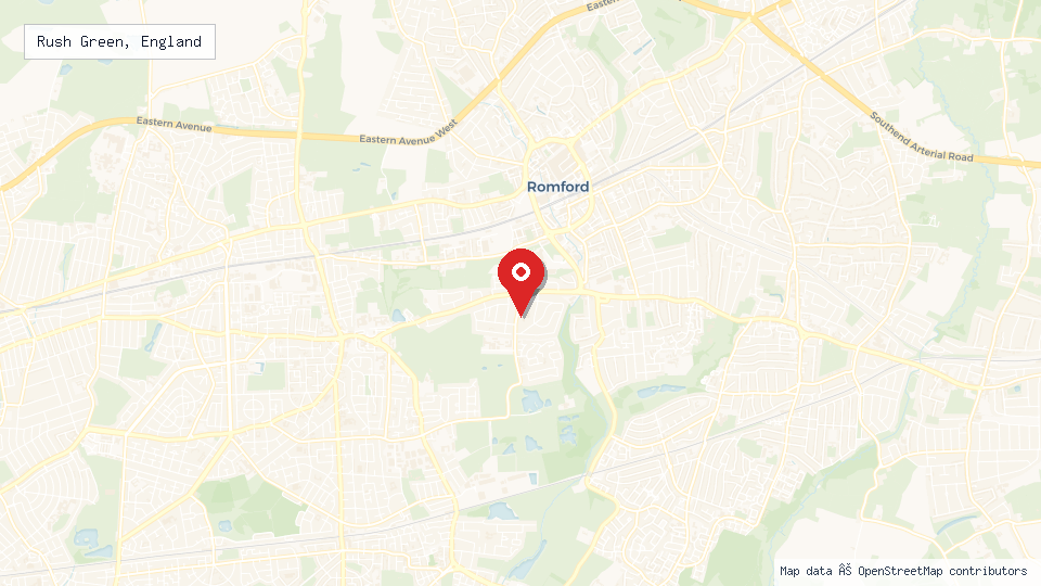 Street map of Rush Green, England with location pin