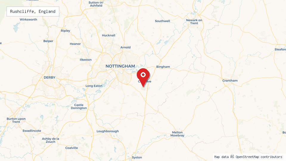 Street map of Rushcliffe, England with location pin