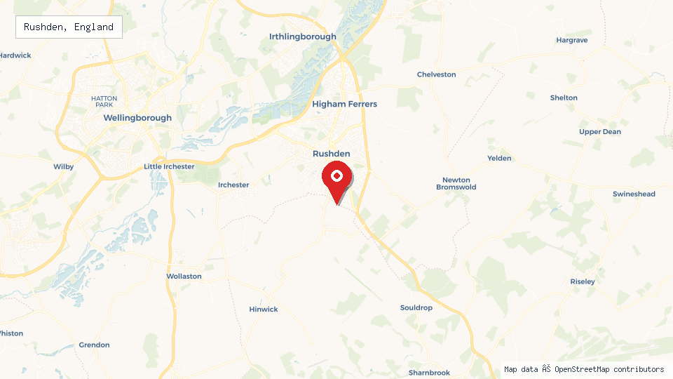 Street map of Rushden, England with location pin
