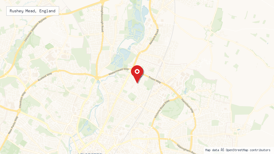 Street map of Rushey Mead, England with location pin