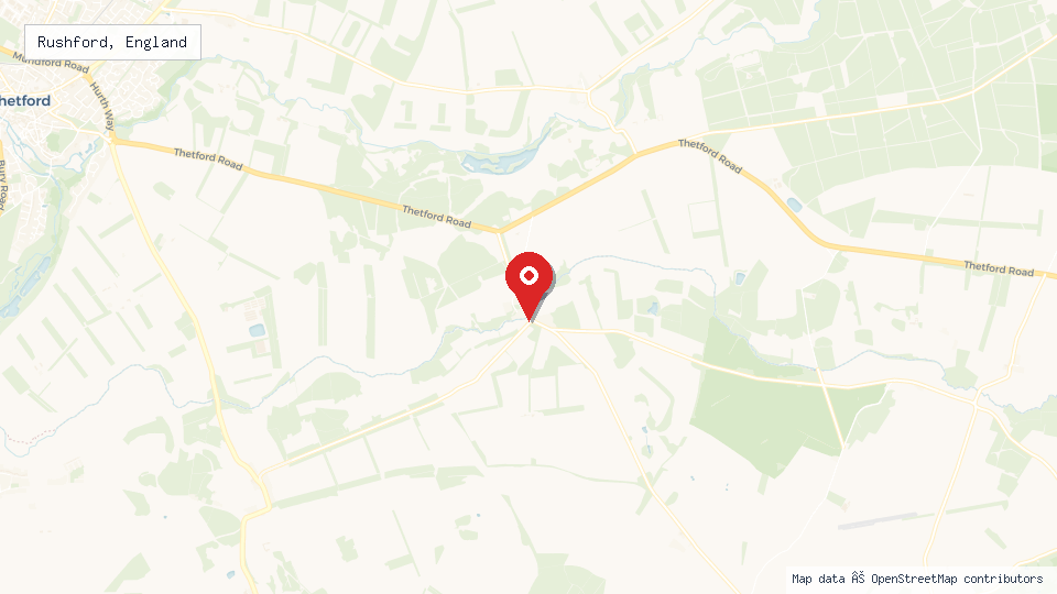 Street map of Rushford, England with location pin