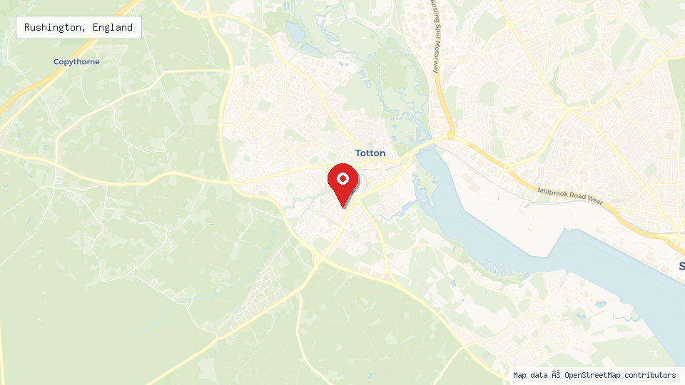 Street map of Rushington, England with location pin