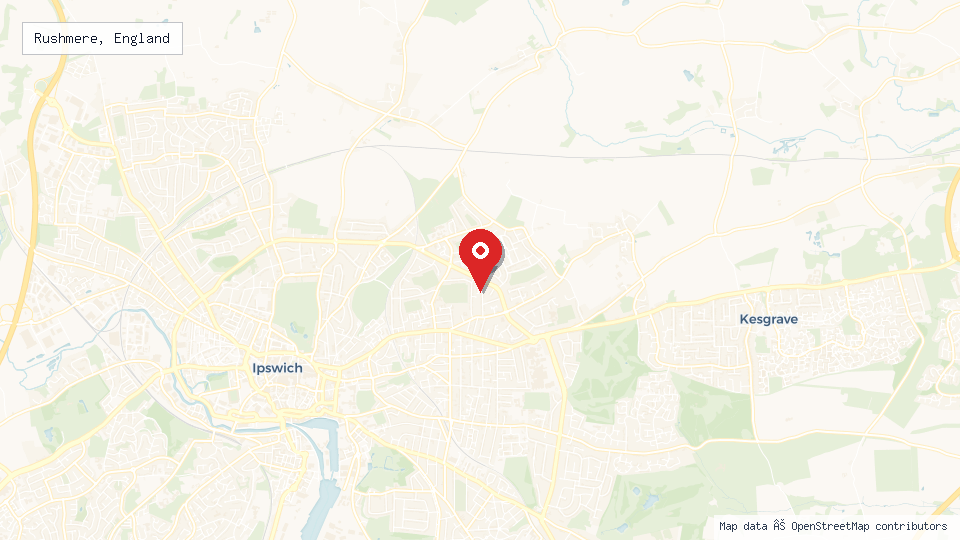 Street map of Rushmere, England with location pin