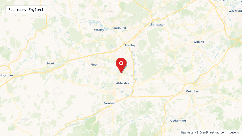 Street map of Rushmoor, England with location pin