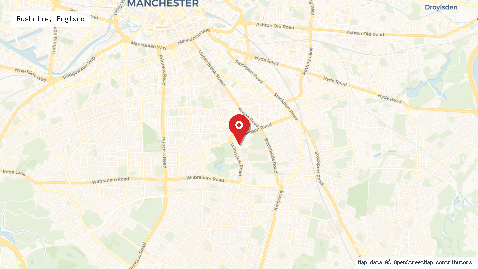 Street map of Rusholme, England with location pin
