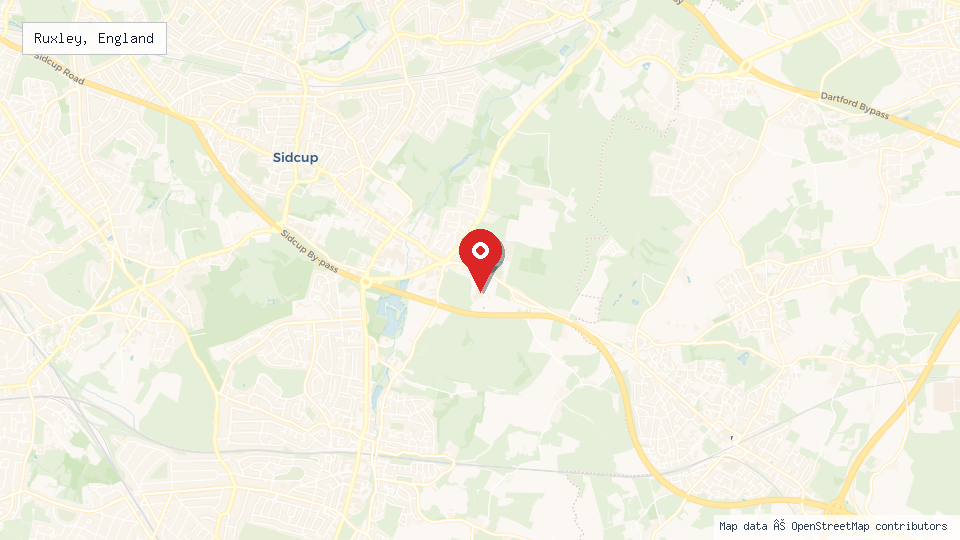 Street map of Ruxley, England with location pin