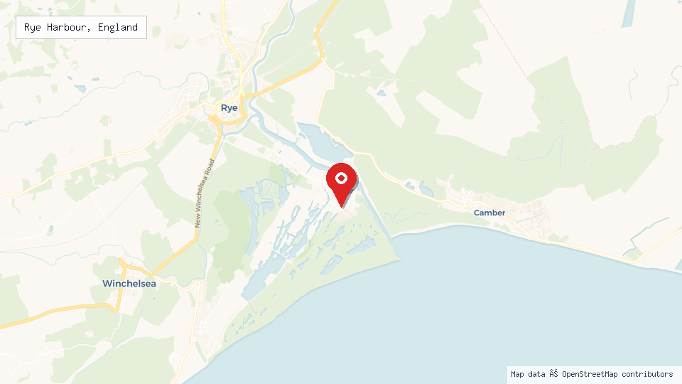 Street map of Rye Harbour, England with location pin