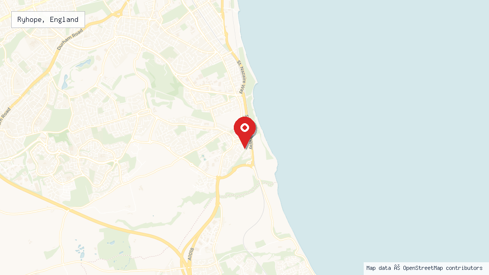 Street map of Ryhope, England with location pin