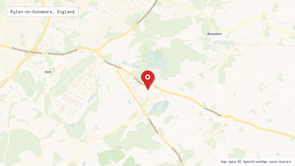 Street map of Ryton-on-Dunsmore, England with location pin