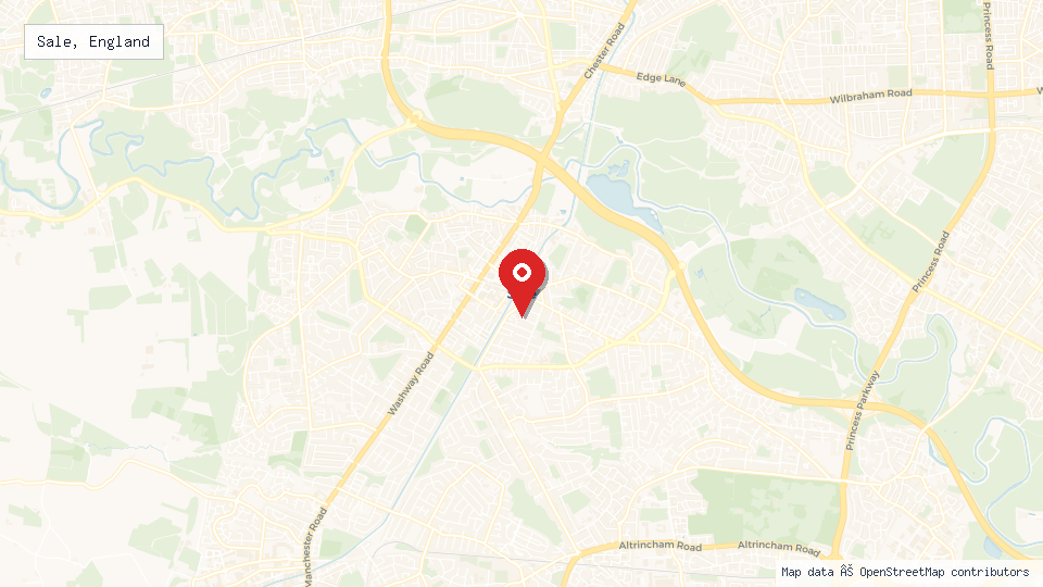Street map of Sale, England with location pin