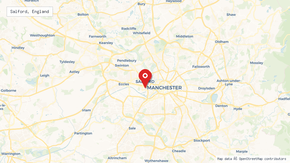 Street map of Salford, England with location pin