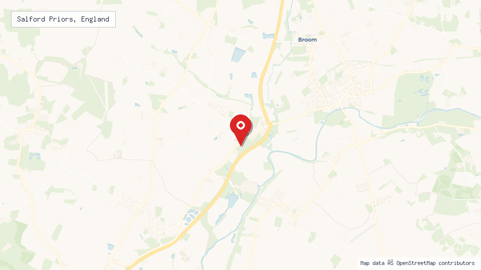 Street map of Salford Priors, England with location pin