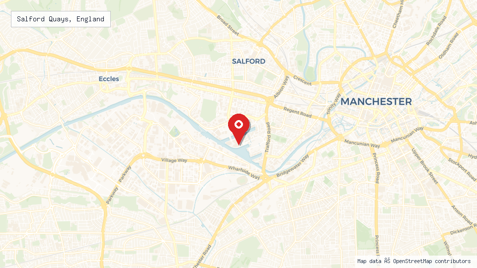 Street map of Salford Quays, England with location pin